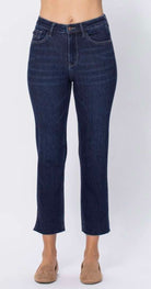 Judy Blue Joannie Jeans in dark wash with high-rise and cropped straight fit, perfect for everyday wear.