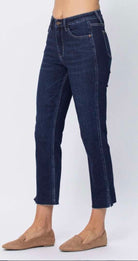 Women's high-waisted Joannie jeans by Judy Blue in dark wash with cropped straight fit.