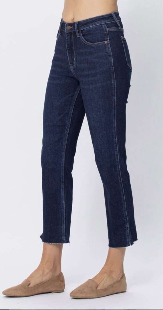 Women's high-waisted Joannie jeans by Judy Blue in dark wash with cropped straight fit.