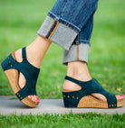 Teal faux suede wedges from Corkys, perfect for casual outfits and all-day comfort.