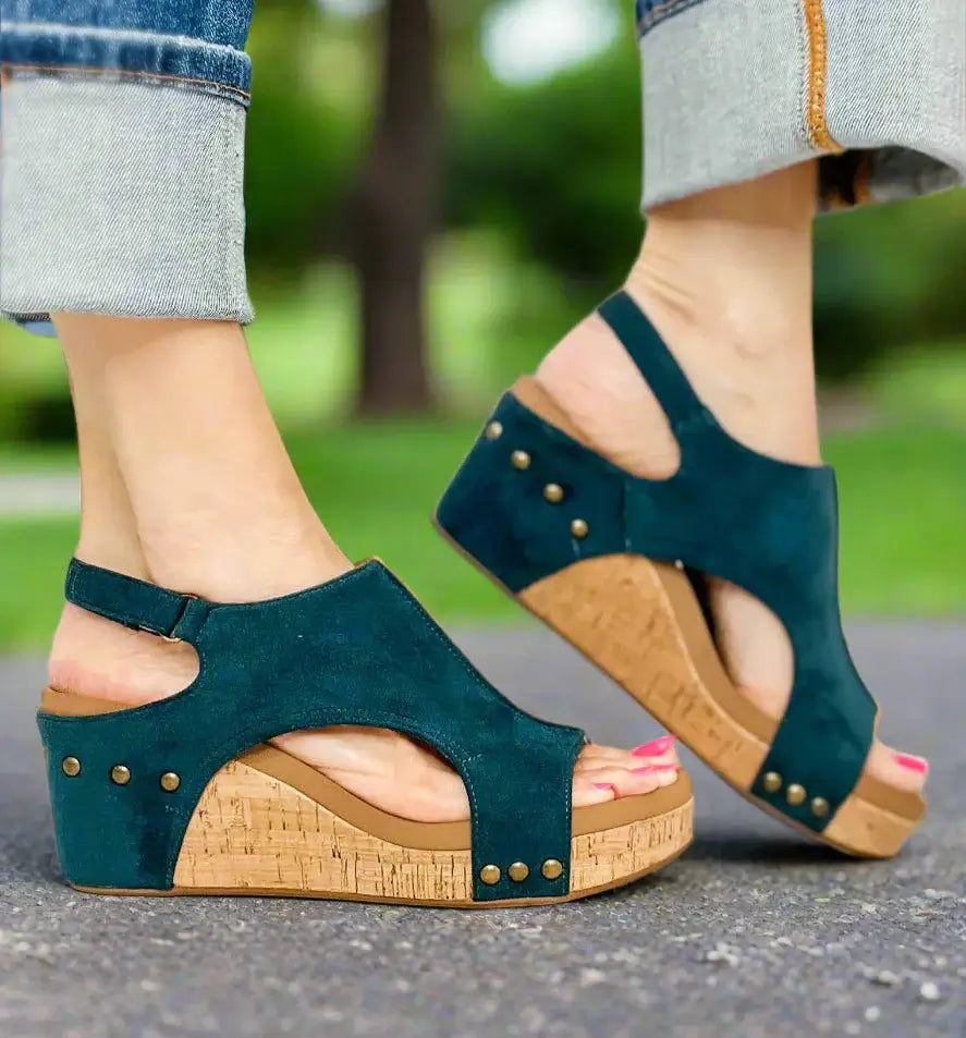 Teal faux suede wedge sandals by Corkys, featuring cork platform and stylish design perfect for any outfit.