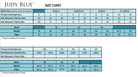 Judy Blue size chart for women's clothing, including alpha sizes and corresponding denim, bust, waist, and hips measurements in inches.