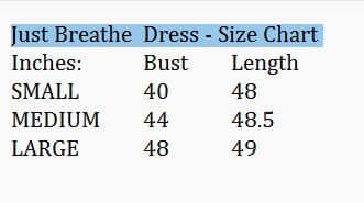 Size chart for the JUST BREATHE MAXI DRESS (misty blue) - Gigio, detailing bust and length measurements.