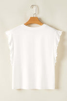 Back view of a white ruffled tank top, showcasing its feminine design and relaxed fit.