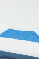 Color block top featuring blue and white stripes with a round neck and raglan sleeves, perfect for fall.