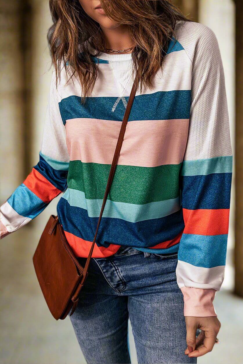 Color block top from Vivian-Lu featuring raglan sleeves, round neck, and vibrant stripes, perfect for fall fashion.