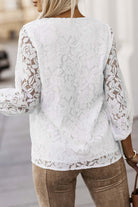 White Lace for Days top with floral crochet and balloon sleeves, styled for casual elegance.