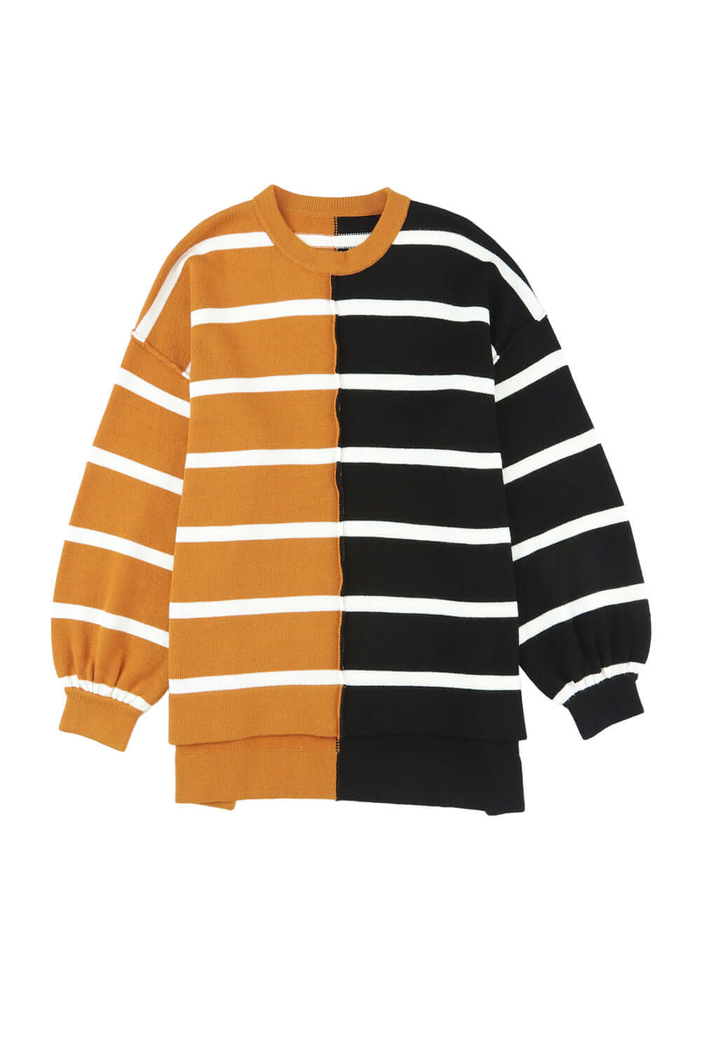HARVEST SPICE TOP – Oversized striped sweater in black, white, and orange contrast for a cozy style.