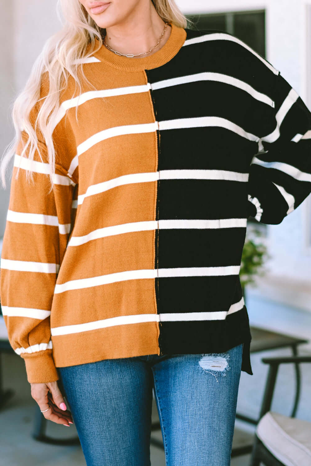 HARVEST SPICE TOP – Oversized contrast striped top with dropped shoulders and relaxed fit in autumn colors.