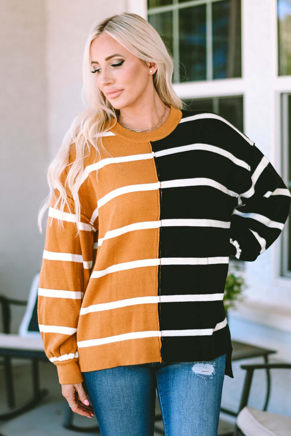 HARVEST SPICE TOP – Striped oversized contrast printed top with dropped shoulders for cozy style.