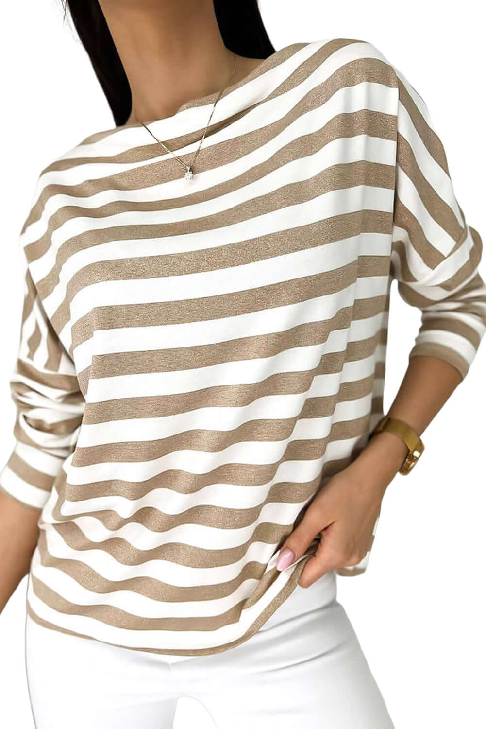 Stylish striped top by Vivian-Lu with boatneck design, perfect for versatile wear on or off the shoulder.