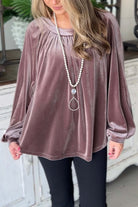 Lilac Luxe Top in velvet with pleated round neck, long sleeves, and swing silhouette, perfect for elegant celebrations.