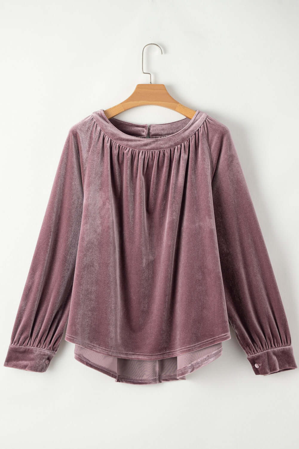 Lilac Luxe Top in soft velvet with pleated round neck and keyhole back, wide round neck and long sleeves on hanger