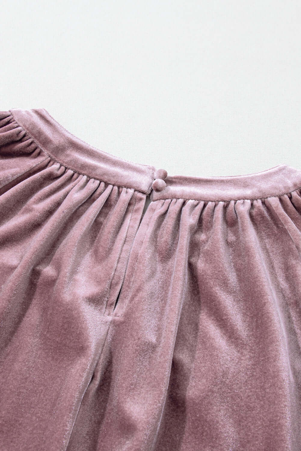 Lilac Luxe Top showing back buttoned keyhole detail and pleated round neck in plush soft velvet fabric