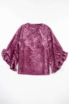 Velvet Whisper Blouse in rose pink with pagoda sleeves, crushed velvet fabric, classic crew neck, by Vivian-Lu.