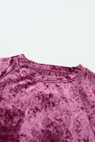 Velvet Whisper blouse in rose pink crushed velvet with crew neck detailing, showcasing luxurious texture and color.