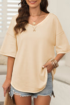 Carefree Mode Top in cream, relaxed fit summer top with dropped shoulders and half sleeves.