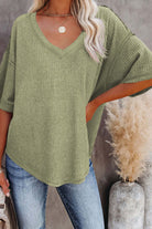 Carefree Mode Top in sage green, relaxed fit, textured knit. Perfect for summer errands and cozy evenings.