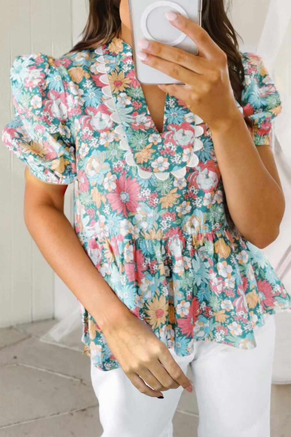 FESTIVAL OF FLOWERS TOP - Trendy & Stylish Boho Blouse by Teal Tiger Boutique $28.00 Elevate your style and comfort with our trendy boutique Festival of Flowers top. Elegant notch neckline, chic puffy sleeves, and a flattering peplum hem! Teal Tiger Bouti