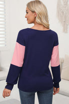 Back view of BETTER DAYS Top by Vivian-Lu featuring color blocking in navy and pink, perfect for a stylish look.