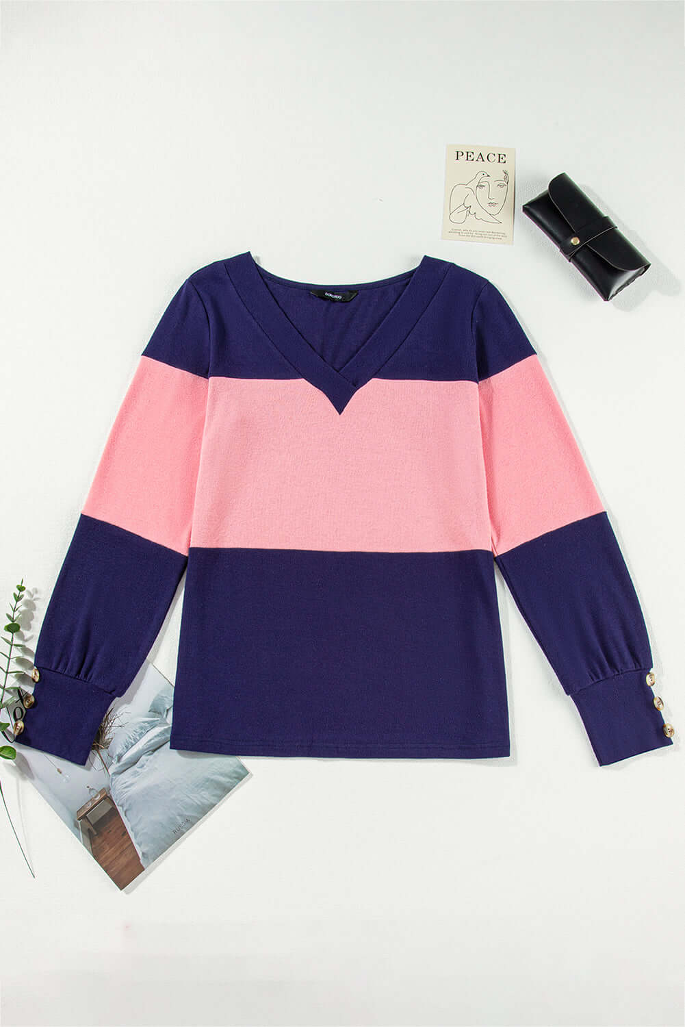 BETTER DAYS Top by Vivian-Lu featuring a V-neck, color blocking in pink and navy, and button details on sleeves.