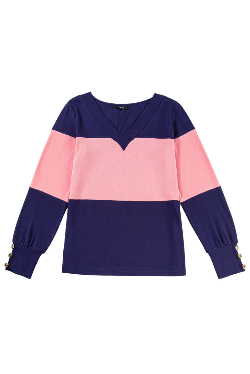 BETTER DAYS Top by Vivian-Lu featuring a V-neck, color blocking in navy and pink, and button details on sleeves.