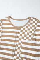 Checked Out Top with mixed checker and stripe patterns, unique patchwork details, and vintage-inspired lantern sleeves in polyester fabric.