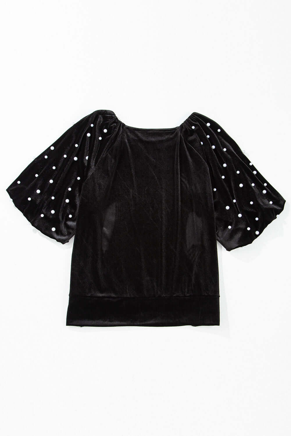 Midnight Pearls Top featuring luxurious black velvet with pearl embellishments and half puff sleeves for elegant style.