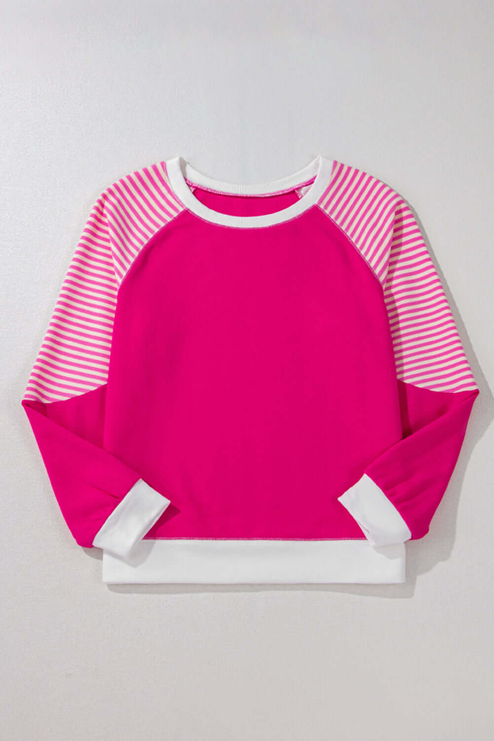 PROMISE YOU Top by Vivian-Lu, pink striped patchwork design with sporty raglan sleeves and crew neck.