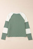 Back view of the Whispering Willow top featuring a green color block design and ribbed details.