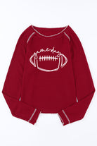 Red raglan sleeve top with white football design and "gameday" text, waffle knit fabric, perfect for chilly game days.