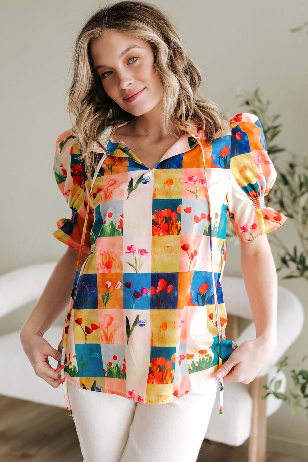 Garden Window Top blouse featuring colorful floral and checkerboard print, perfect for stylish spring outfits.