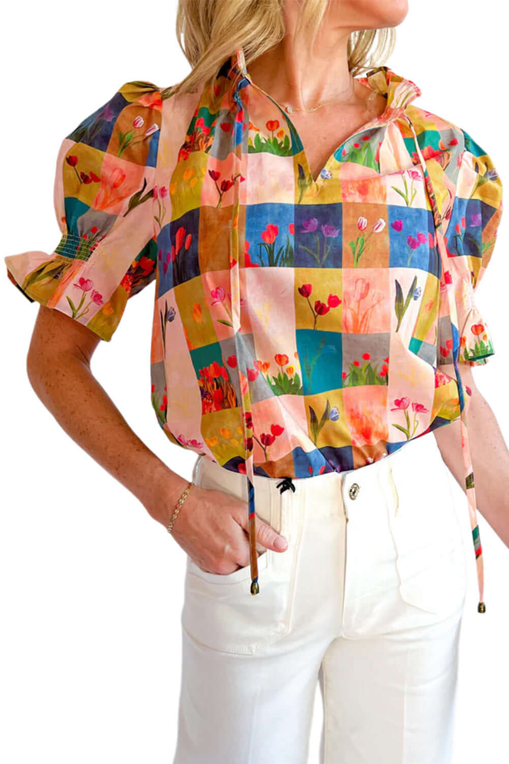 Colorful floral checker print blouse showcasing vibrant style and playful charm for a garden-inspired look.