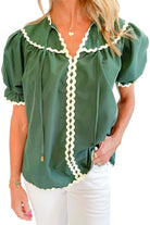 Misty green Garden Gala Top with ivory ric rac trim, featuring short puff sleeves and relaxed fit.