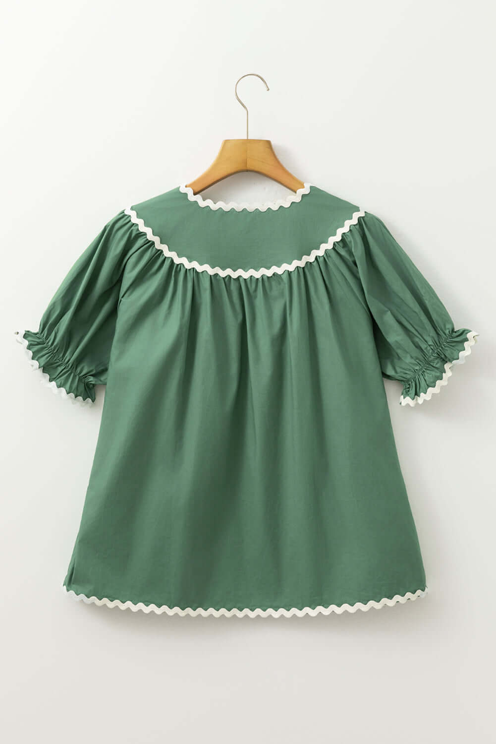 Misty green Garden Gala Top with ivory ric rac trim and puff sleeves, showcasing vintage charm and comfort.