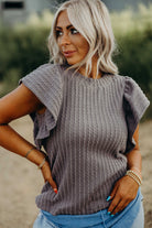 Chic taupe-gray textured ruffle sleeve top, perfect for stylish casual outfits.