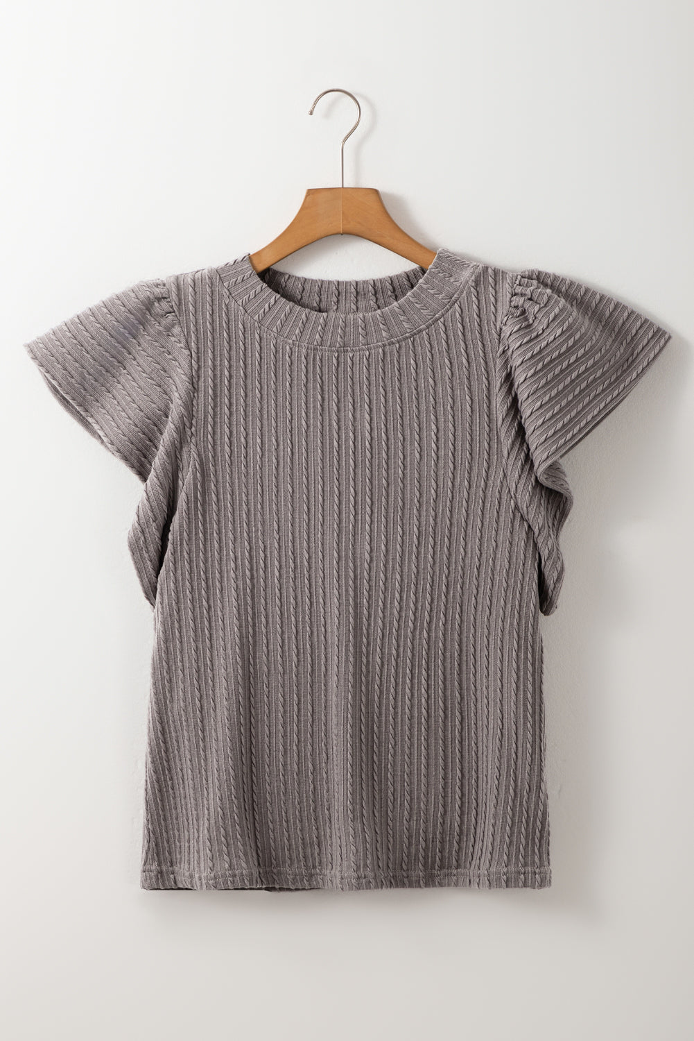 Taupe-gray textured ruffle sleeve top, showcasing modern style and sophistication.