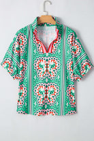 Abstract Energy Top in sea green with bold geometric print and striped collar, perfect for a chic boho look.