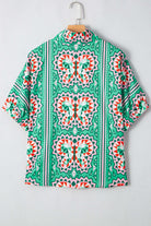 Abstract Energy Top featuring vibrant sea green boho geometric print, back view with striped collar.