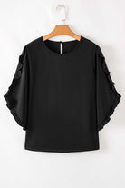 Black ruffle sleeve blouse with relaxed fit, perfect for effortless sophistication and all-day comfort.