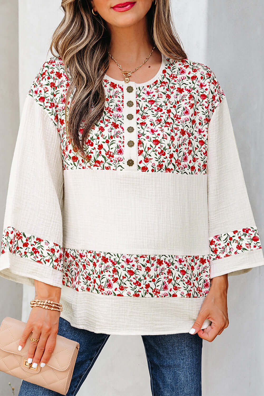 CROSSROADS CUTIE blouse featuring floral patchwork design and button details, ideal for comfort and style.