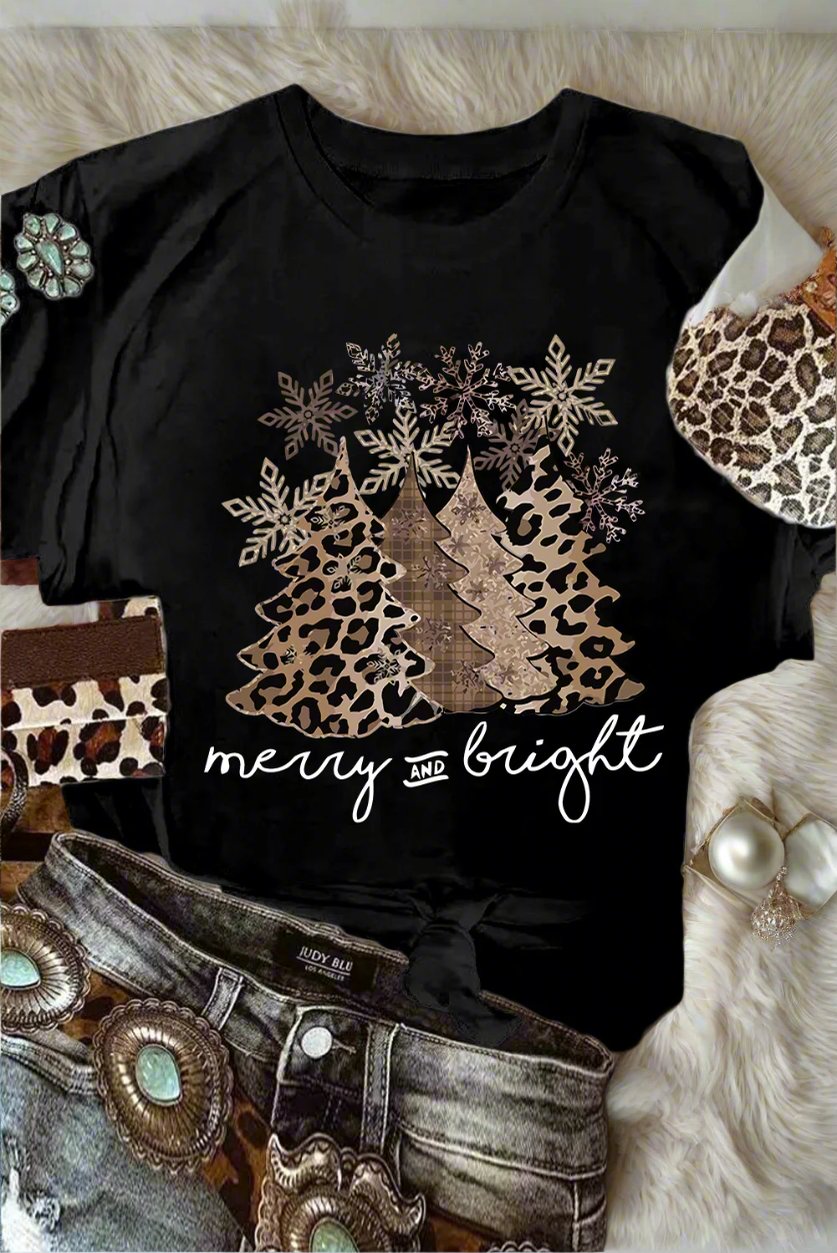 Merry & Bright Leopard Tee showcasing a festive graphic with leopard print trees on a black background.