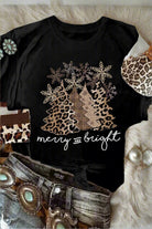 "Merry & Bright Leopard Tee with Christmas tree design, crew neckline, and cuffed sleeves on display with stylish accessories"