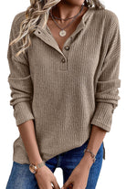 UNLIMITED POTENTIAL Henley knit top by Vivian-Lu in ribbed texture, featuring a casual drop shoulder design.