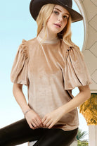 Champagne velvet blouse with ruffled puff sleeves and mock neck by Vivian-Lu, perfect for a stylish date night outfit.