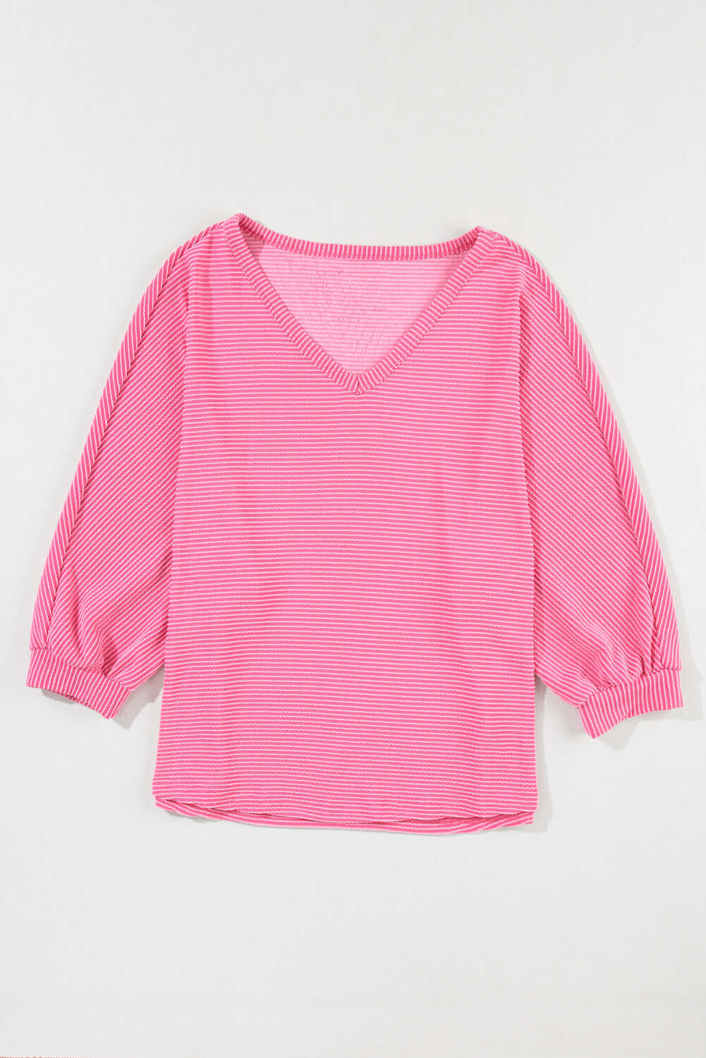 Stylish pink striped ribbed v-neck top with bracelet sleeves for casual wear by Vivian-Lu.