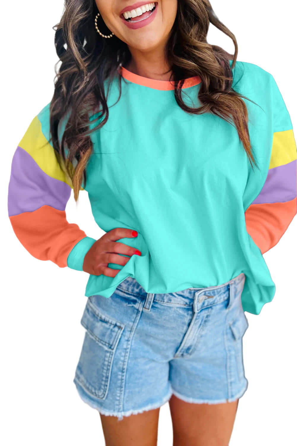 Aqua Sorbet Top Trendy, Stylish & Comfortable Boutique Wear by Vivian-Lu $26.00 Upgrade your wardrobe with our Aqua Sorbet Top. Featuring a playful color block design, relaxed fit, and stylish raw cut stitching. Perfect for trendy comfort. Teal Tiger Bout