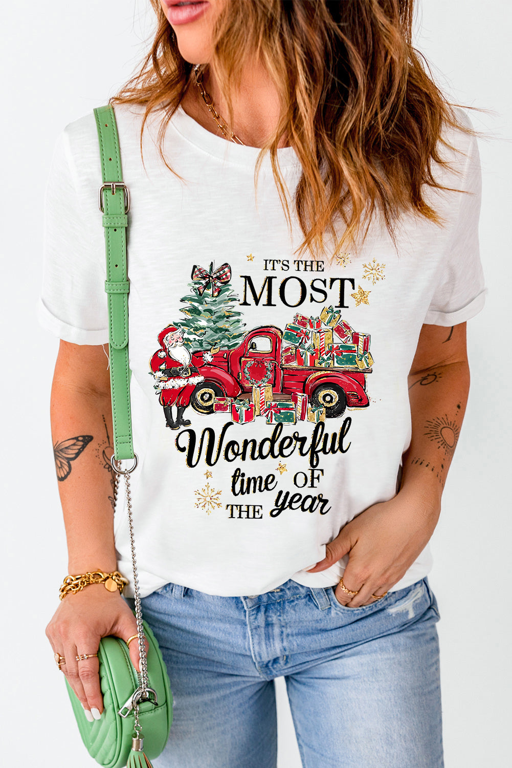 Most Wonderful Time T-shirt featuring a red truck with gifts, perfect for holiday celebrations and layering.