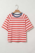 Tomato red striped Americana Mood Tee with blue collar and raglan sleeves, perfect for summer casual wear.