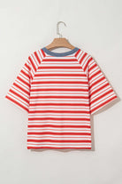 Back view of Americana Mood Top, featuring red and white stripes, blue collar, and relaxed fit for summer style.